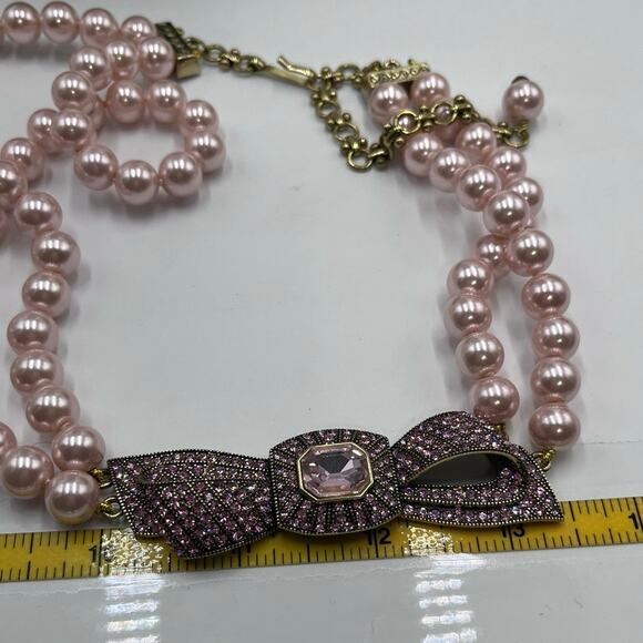 Heidi Daus "Beaux Arts" Pink Pave Crystal Bow Pearl Beaded Two Strand Necklace - Picture 7 of 15